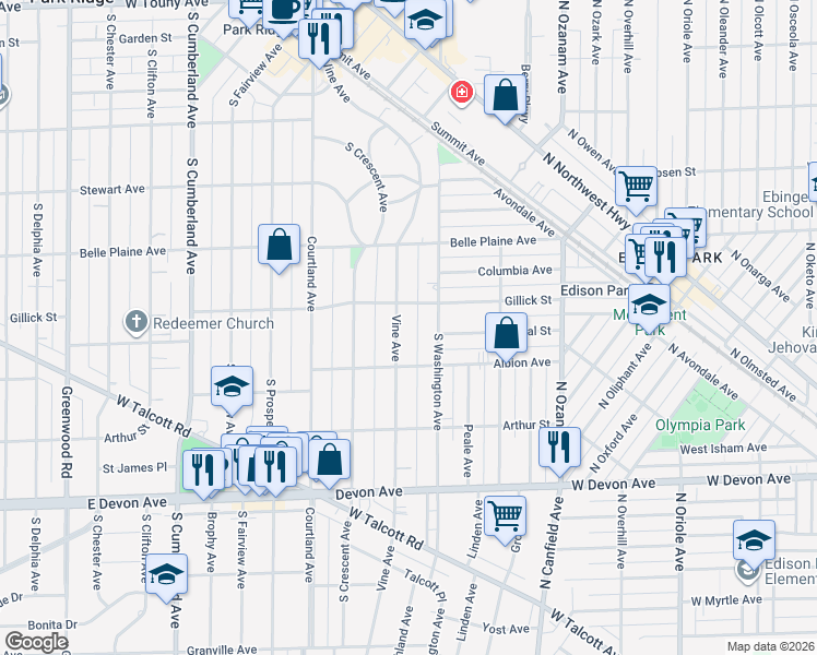map of restaurants, bars, coffee shops, grocery stores, and more near 808 Vine Avenue in Park Ridge