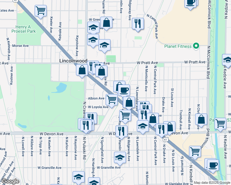 map of restaurants, bars, coffee shops, grocery stores, and more near 6619 U.S. 41 in Lincolnwood