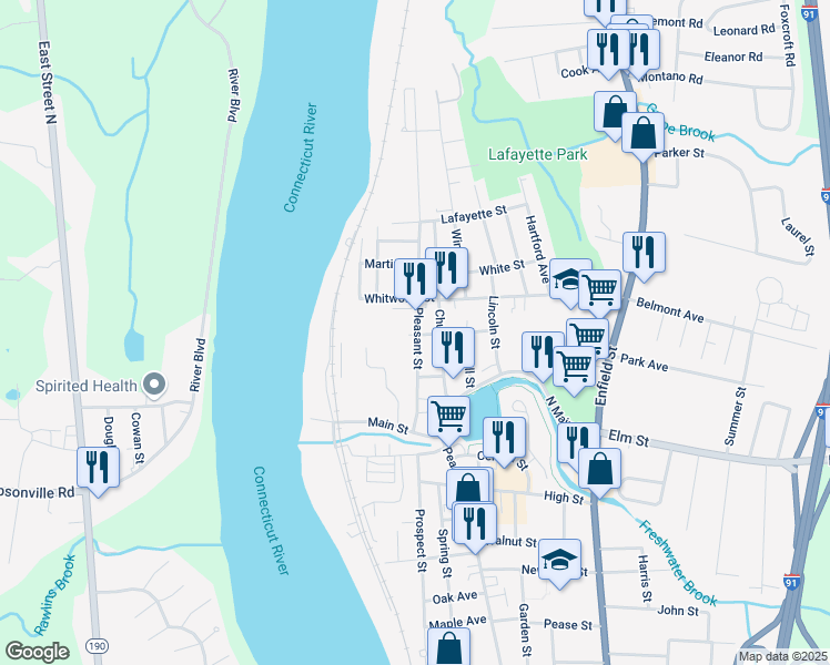 map of restaurants, bars, coffee shops, grocery stores, and more near 17 College Street in Enfield