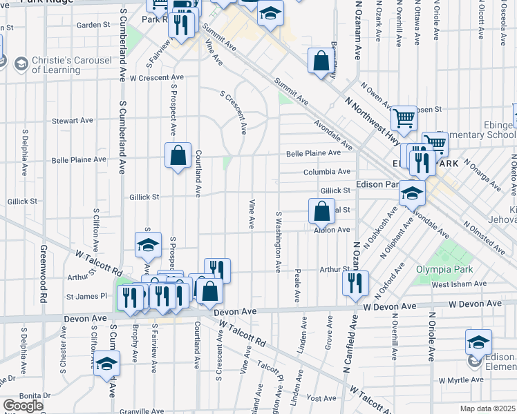 map of restaurants, bars, coffee shops, grocery stores, and more near 803 Vine Avenue in Park Ridge