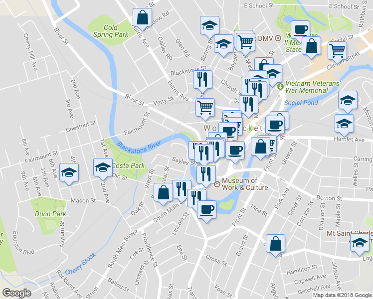 map of restaurants, bars, coffee shops, grocery stores, and more near 52 Northeast Street in Woonsocket