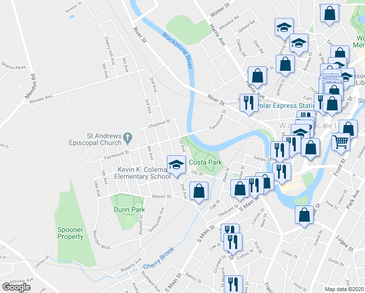 map of restaurants, bars, coffee shops, grocery stores, and more near 112 1st Avenue in Woonsocket