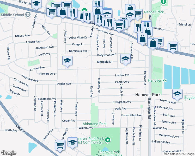 map of restaurants, bars, coffee shops, grocery stores, and more near 7120 Mulberry Street in Hanover Park