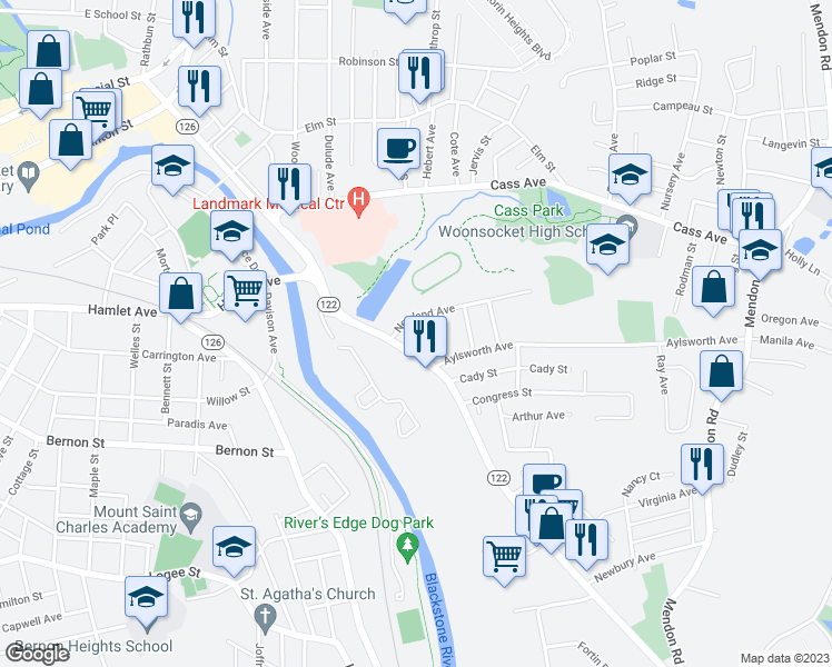 map of restaurants, bars, coffee shops, grocery stores, and more near 47 Laval Street in Woonsocket
