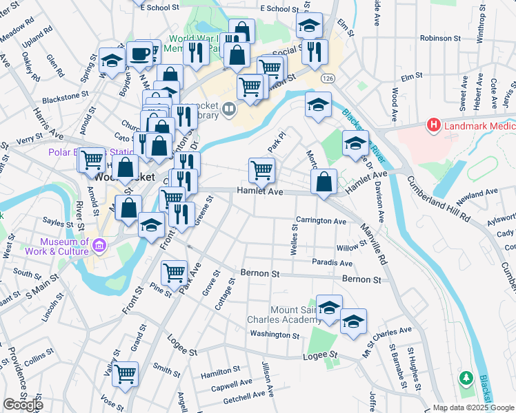 map of restaurants, bars, coffee shops, grocery stores, and more near 42 Grove Street in Woonsocket