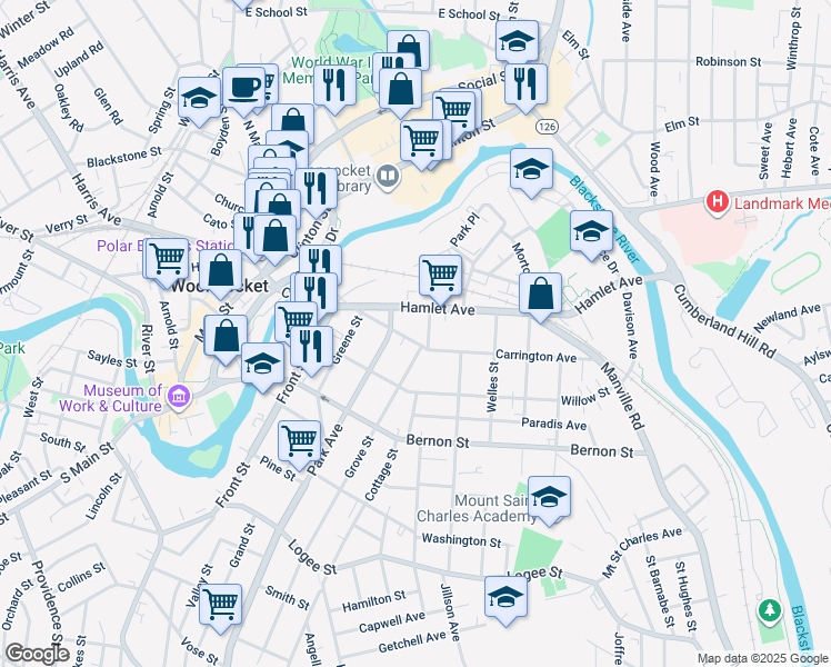 map of restaurants, bars, coffee shops, grocery stores, and more near 42 Grove Street in Woonsocket