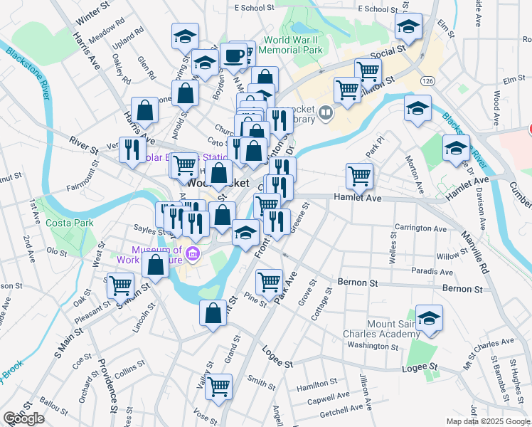 map of restaurants, bars, coffee shops, grocery stores, and more near 119 Front Street in Woonsocket