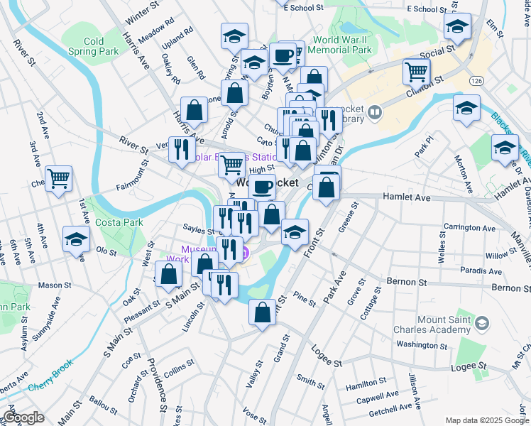 map of restaurants, bars, coffee shops, grocery stores, and more near 70 Main Street in Woonsocket