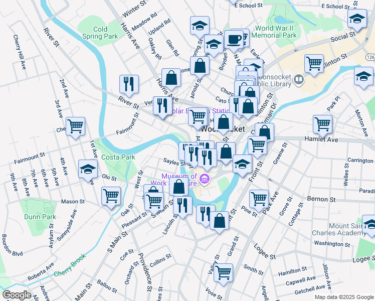 map of restaurants, bars, coffee shops, grocery stores, and more near 52 Northeast Street in Woonsocket