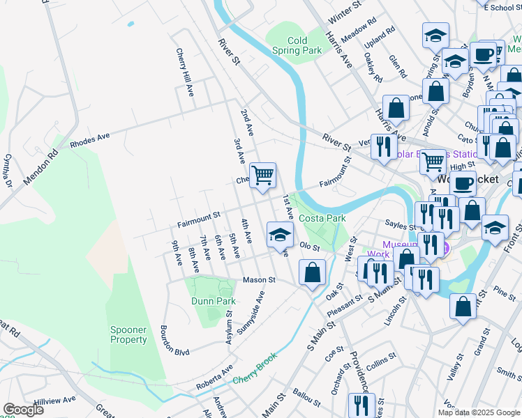 map of restaurants, bars, coffee shops, grocery stores, and more near 239 3rd Avenue in Woonsocket