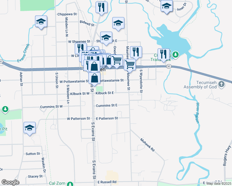 map of restaurants, bars, coffee shops, grocery stores, and more near 310 Kilbuck Street West in Tecumseh