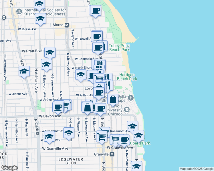 map of restaurants, bars, coffee shops, grocery stores, and more near 1125 West Loyola Avenue in Chicago