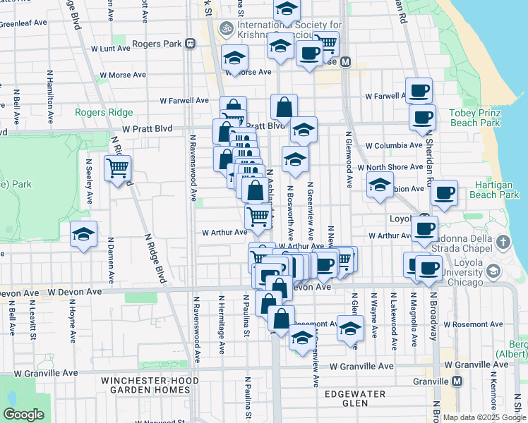 map of restaurants, bars, coffee shops, grocery stores, and more near 6556 North Ashland Avenue in Chicago