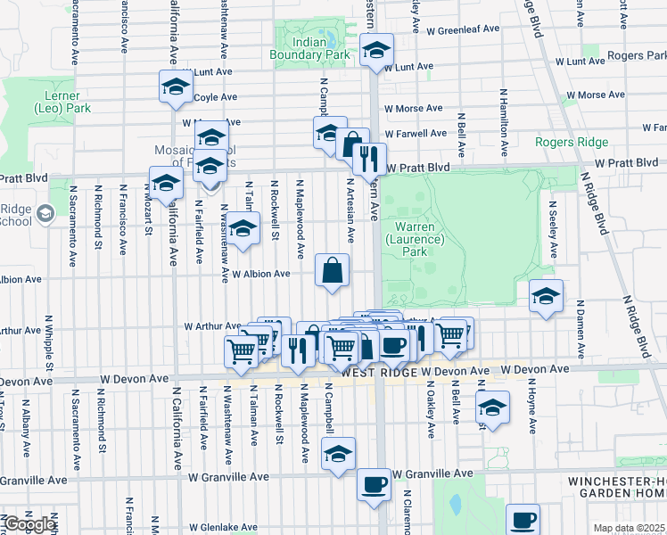 map of restaurants, bars, coffee shops, grocery stores, and more near 2440 West Albion Avenue in Chicago