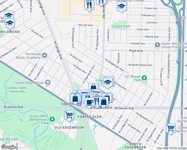 map of restaurants, bars, coffee shops, grocery stores, and more near 6631 North Sioux Avenue in Chicago