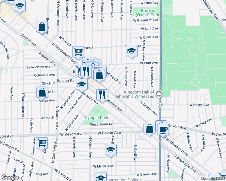 map of restaurants, bars, coffee shops, grocery stores, and more near 663 North Ogallah Avenue in Chicago