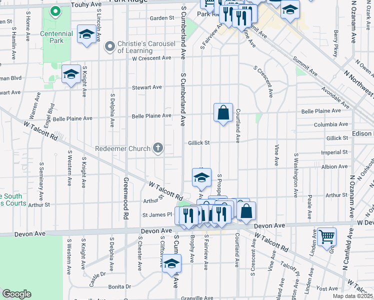 map of restaurants, bars, coffee shops, grocery stores, and more near 801 South Cumberland Avenue in Park Ridge