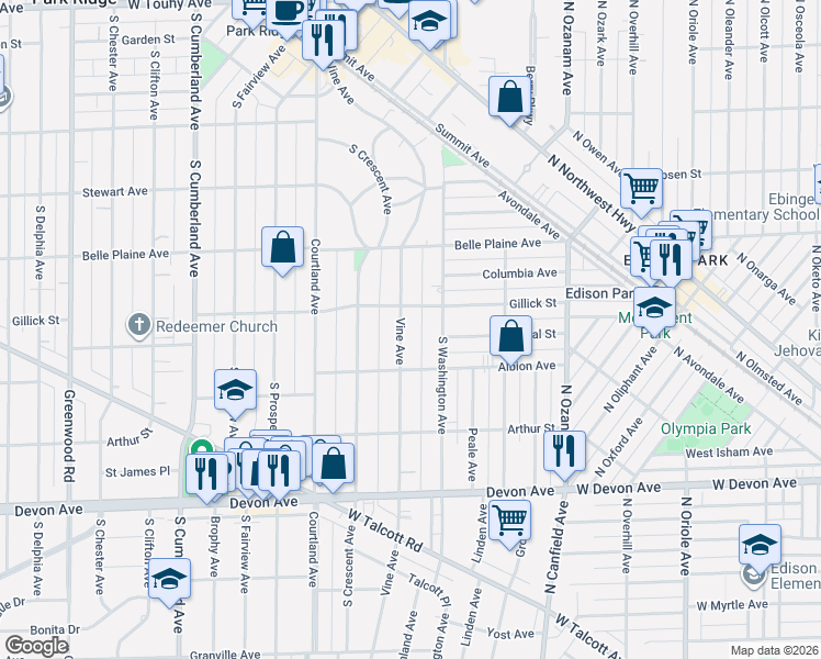 map of restaurants, bars, coffee shops, grocery stores, and more near 803 Vine Avenue in Park Ridge