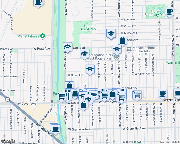 map of restaurants, bars, coffee shops, grocery stores, and more near 6610 North Sacramento Avenue in Chicago