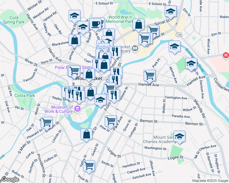 map of restaurants, bars, coffee shops, grocery stores, and more near 99 Front Street in Woonsocket