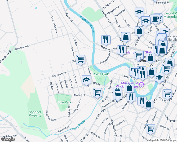 map of restaurants, bars, coffee shops, grocery stores, and more near 118 1st Avenue in Woonsocket