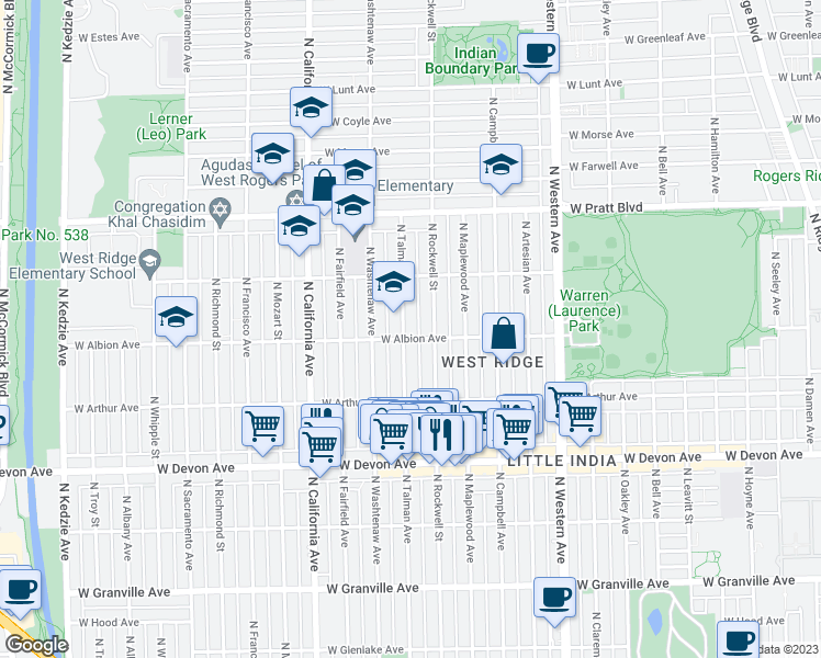 map of restaurants, bars, coffee shops, grocery stores, and more near 6605 North Talman Avenue in Chicago