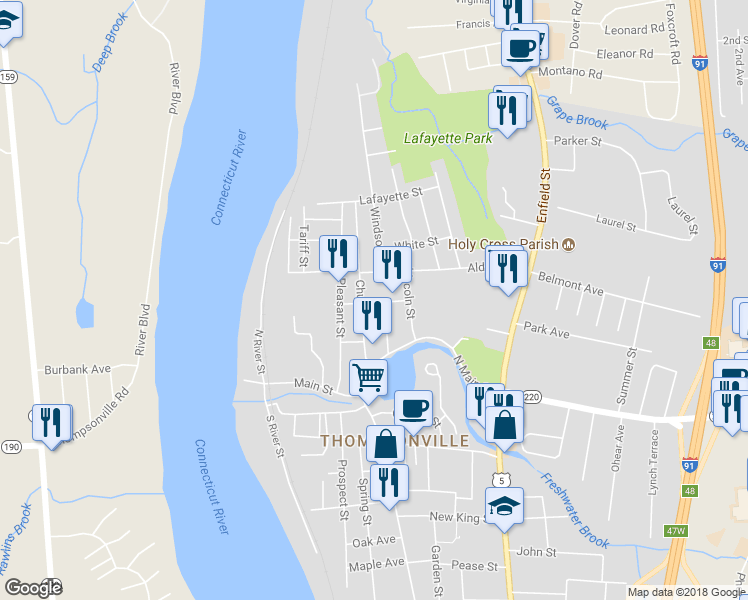 map of restaurants, bars, coffee shops, grocery stores, and more near 53 College Street in Enfield