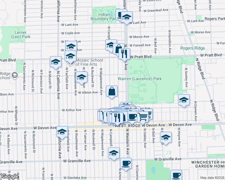 map of restaurants, bars, coffee shops, grocery stores, and more near 6601 North Campbell Avenue in Chicago