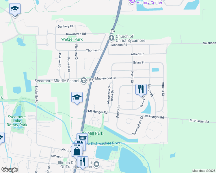 map of restaurants, bars, coffee shops, grocery stores, and more near 1169 Alexandria Drive in Sycamore