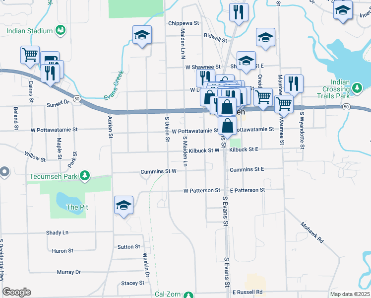 map of restaurants, bars, coffee shops, grocery stores, and more near 301 Kilbuck Street West in Tecumseh