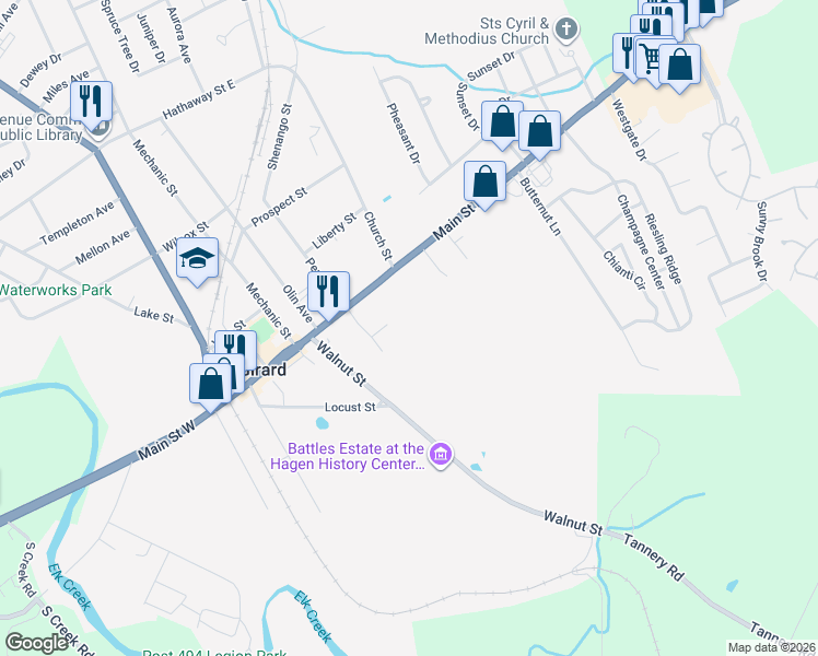map of restaurants, bars, coffee shops, grocery stores, and more near 247 Main Street West in Girard