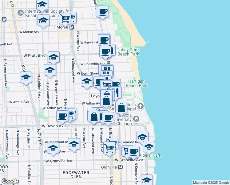 map of restaurants, bars, coffee shops, grocery stores, and more near 6525 North Sheridan Road in Chicago
