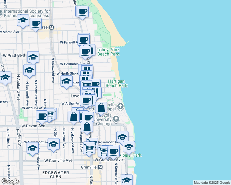 map of restaurants, bars, coffee shops, grocery stores, and more near 1033 West Loyola Avenue in Chicago