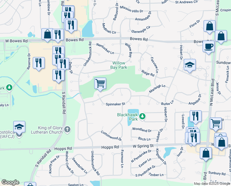 map of restaurants, bars, coffee shops, grocery stores, and more near 1101 Spinnaker Street in Elgin