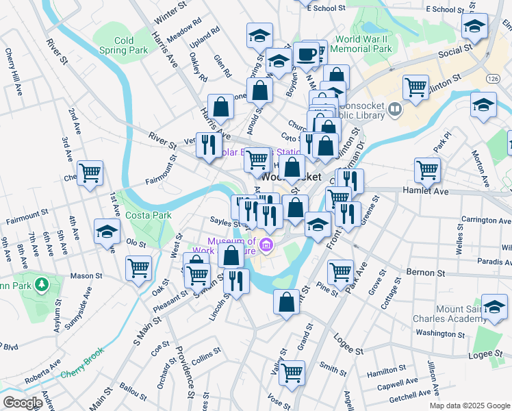 map of restaurants, bars, coffee shops, grocery stores, and more near 100 Arnold Street in Woonsocket
