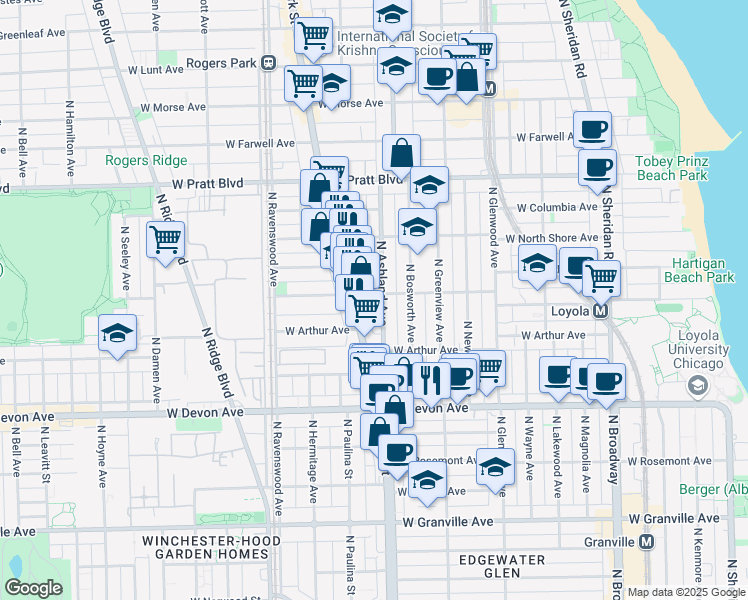 map of restaurants, bars, coffee shops, grocery stores, and more near 6554 North Ashland Avenue in Chicago
