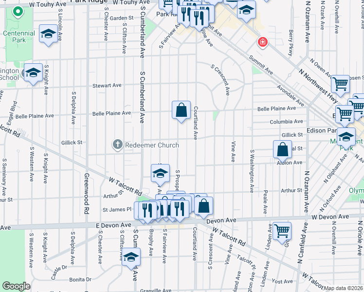 map of restaurants, bars, coffee shops, grocery stores, and more near 801 South Prospect Avenue in Park Ridge