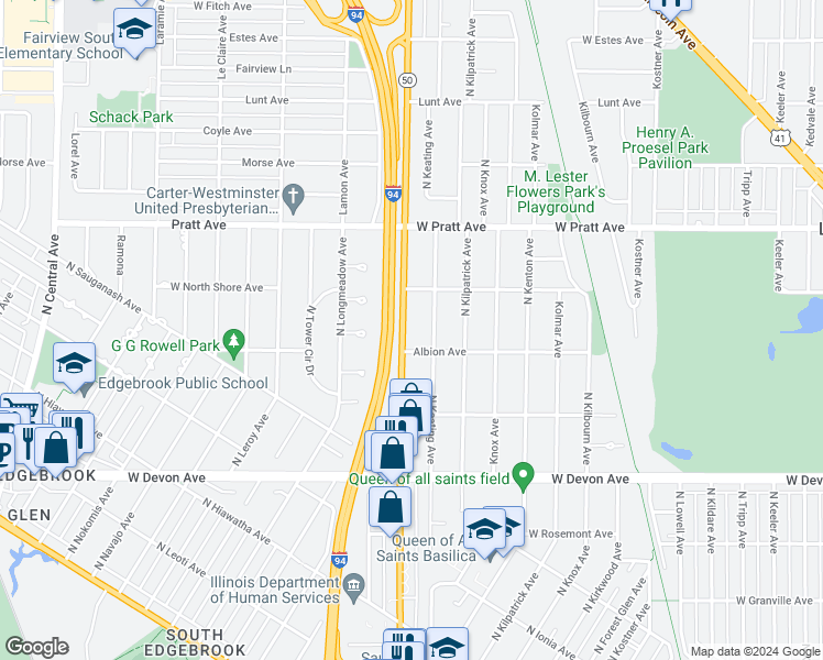 map of restaurants, bars, coffee shops, grocery stores, and more near 6619 North Cicero Avenue in Lincolnwood