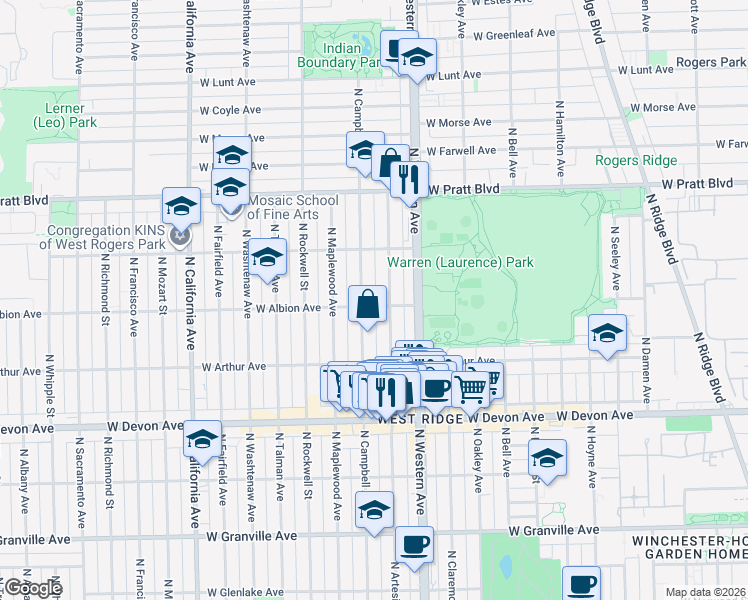 map of restaurants, bars, coffee shops, grocery stores, and more near 2440 West Albion Avenue in Chicago