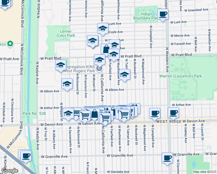 map of restaurants, bars, coffee shops, grocery stores, and more near 6608 North Fairfield Avenue in Chicago