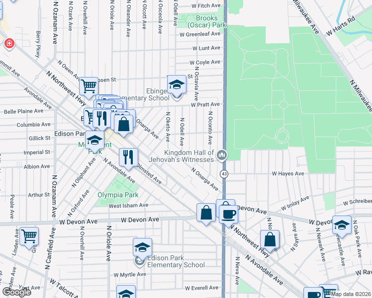 map of restaurants, bars, coffee shops, grocery stores, and more near 6627 North Odell Avenue in Chicago