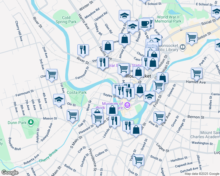 map of restaurants, bars, coffee shops, grocery stores, and more near 64 Northeast Street in Woonsocket