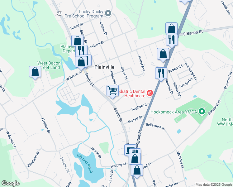 map of restaurants, bars, coffee shops, grocery stores, and more near 12 Pleasant Street in Plainville