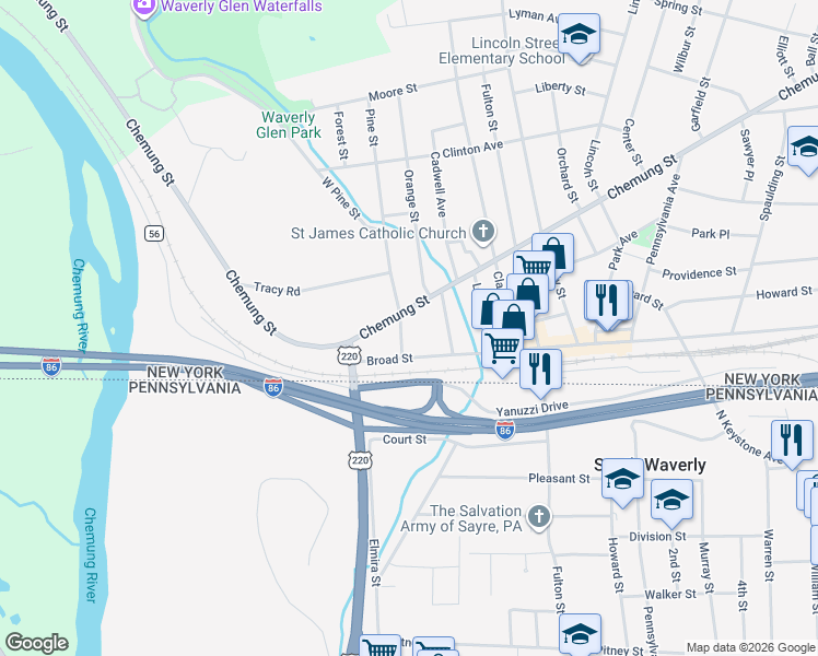 map of restaurants, bars, coffee shops, grocery stores, and more near 12 Pine Street in Waverly