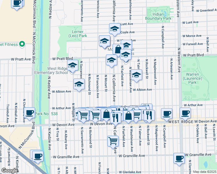 map of restaurants, bars, coffee shops, grocery stores, and more near 6611 North Mozart Street in Chicago