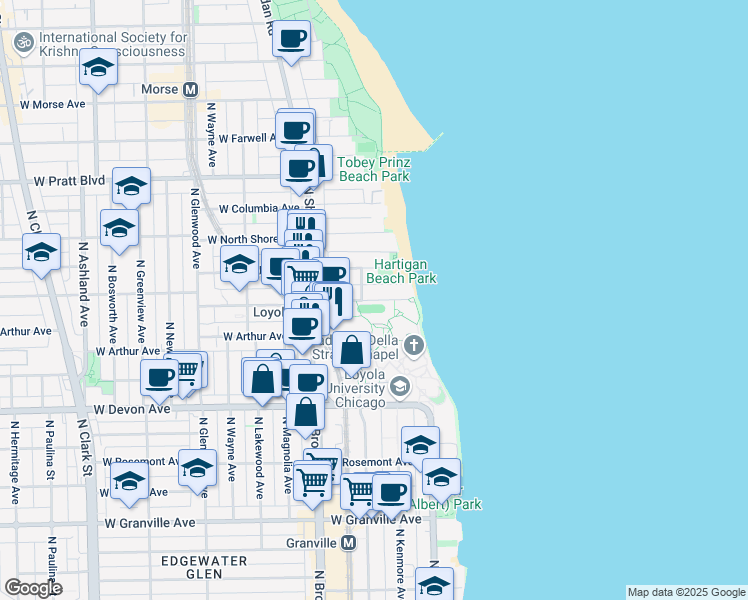 map of restaurants, bars, coffee shops, grocery stores, and more near 1052 West Loyola Avenue in Chicago