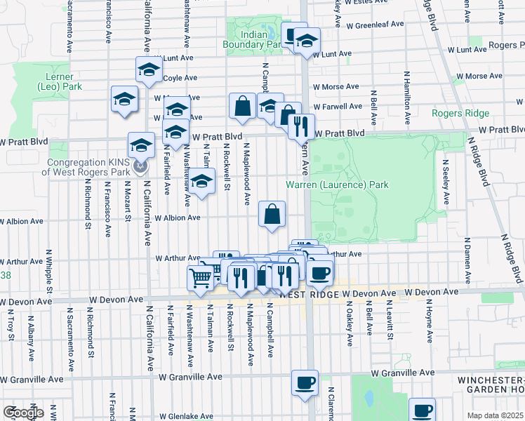 map of restaurants, bars, coffee shops, grocery stores, and more near 6604 North Campbell Avenue in Chicago