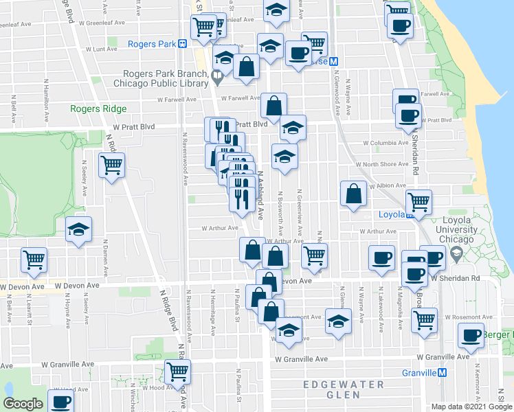 map of restaurants, bars, coffee shops, grocery stores, and more near 6556 North Ashland Avenue in Chicago