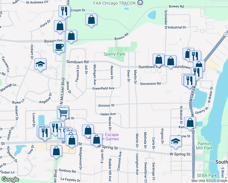 map of restaurants, bars, coffee shops, grocery stores, and more near 839 Greenfield Avenue in South Elgin