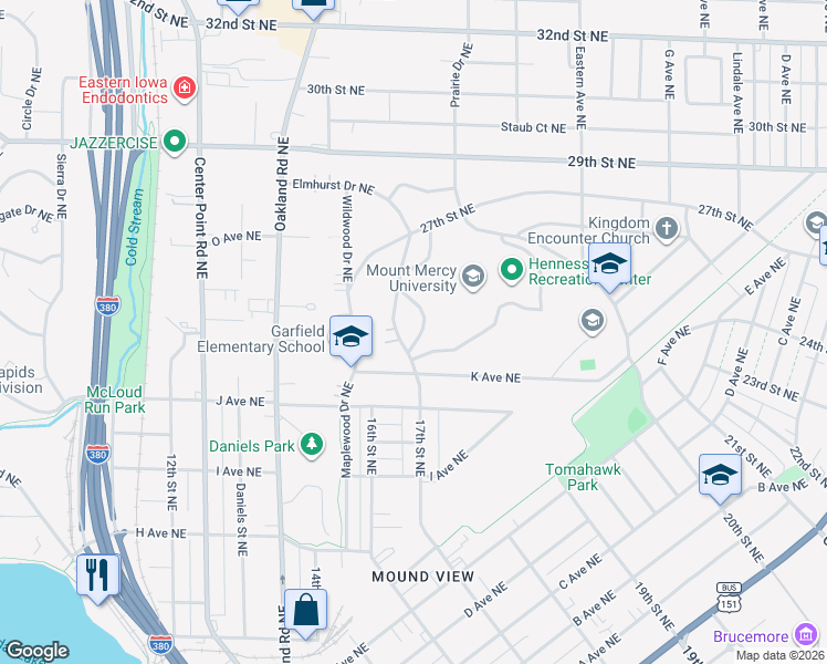 map of restaurants, bars, coffee shops, grocery stores, and more near 1241 Hazel Dr NE in Cedar Rapids